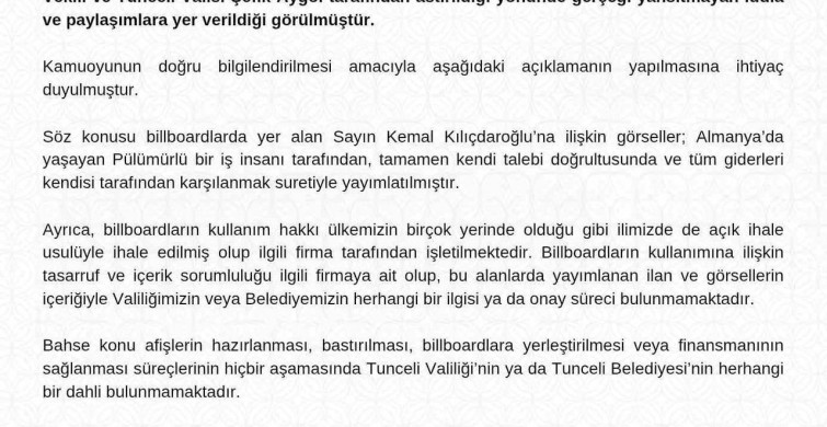 Tunceli Valiliği'nden Billboard Afişleri Açıklaması