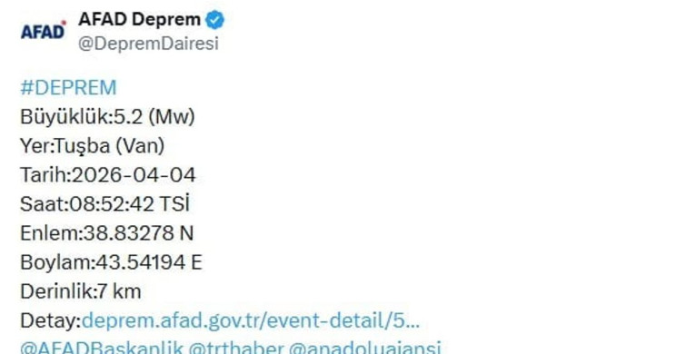 Van'da 5.2 Büyüklüğünde Deprem