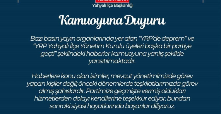 YRP Kayseri İl Başkanlığı'ndan Açıklama