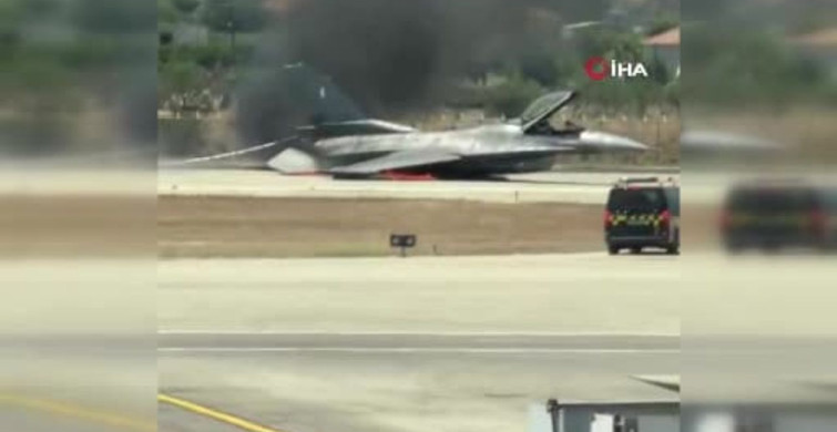 Yunanistan'da acil iniş yapan F-16 savaş uçağı alev aldı