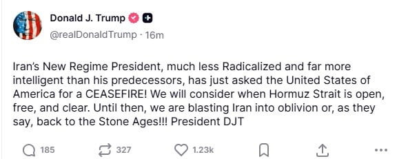 ABD BAŞKANI DONALD TRUMP, İRAN'IN YENİ LİDERİNİN ABD'DEN ATEŞKES TALEBİNDE BULUNDUĞUNU, BUNUN...