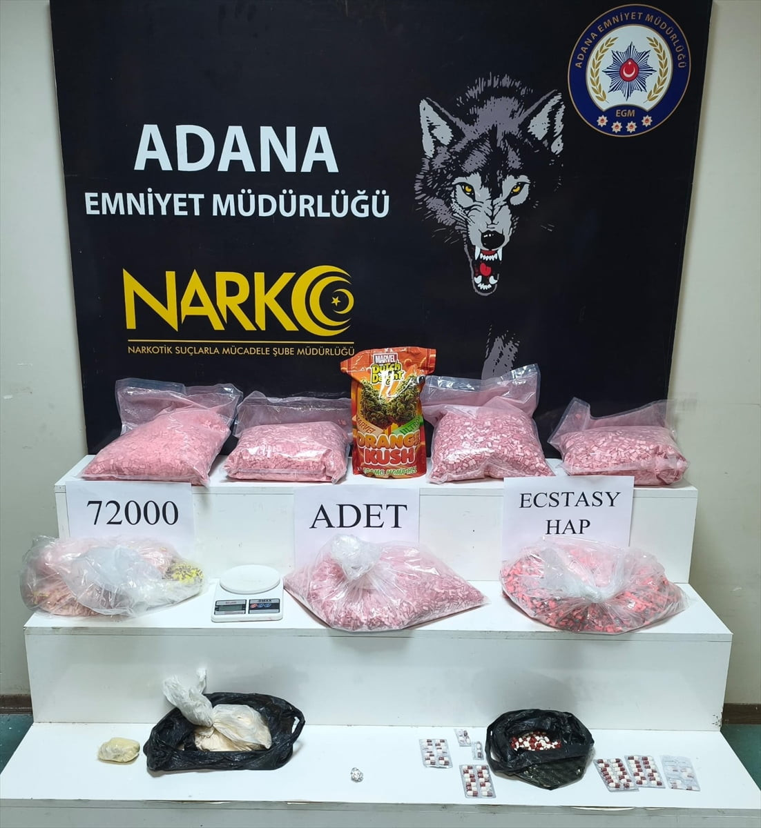 Adana'da bir evde 72 bin 131 uyuşturucu hap, 574 gram sentetik uyuşturucu, bir miktar esrar ve...