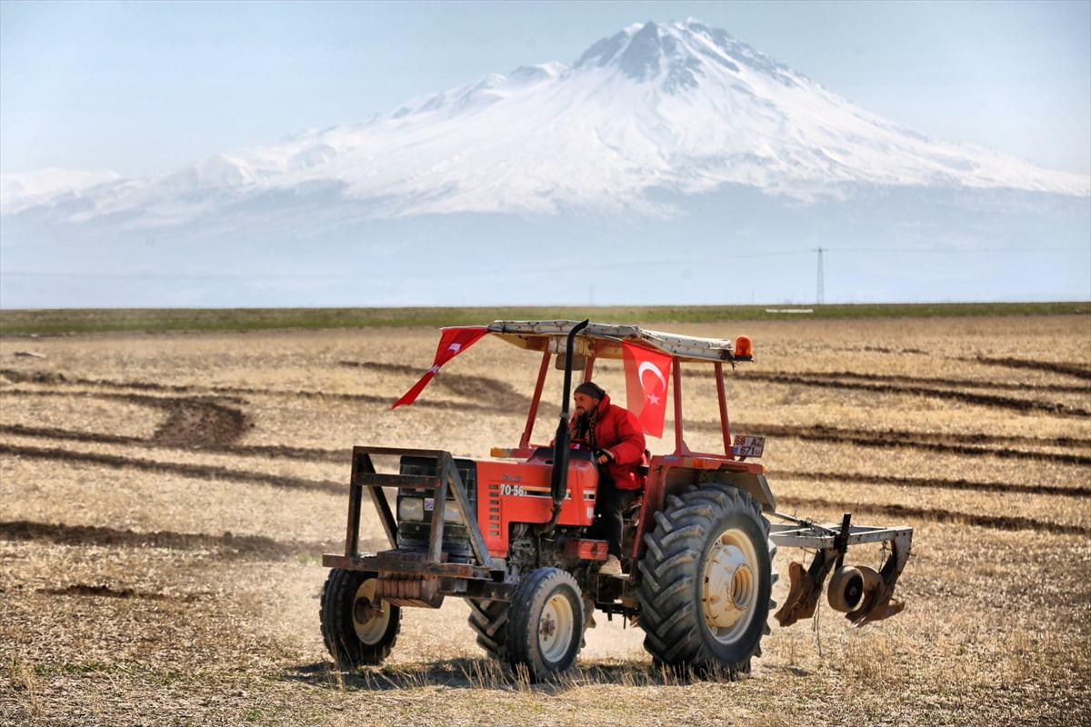 Aksaray'da çiftçi, İstiklal Marşı'nın kabulünün 105. yıl dönümünde 20 dekarlık tarlasına traktörle...