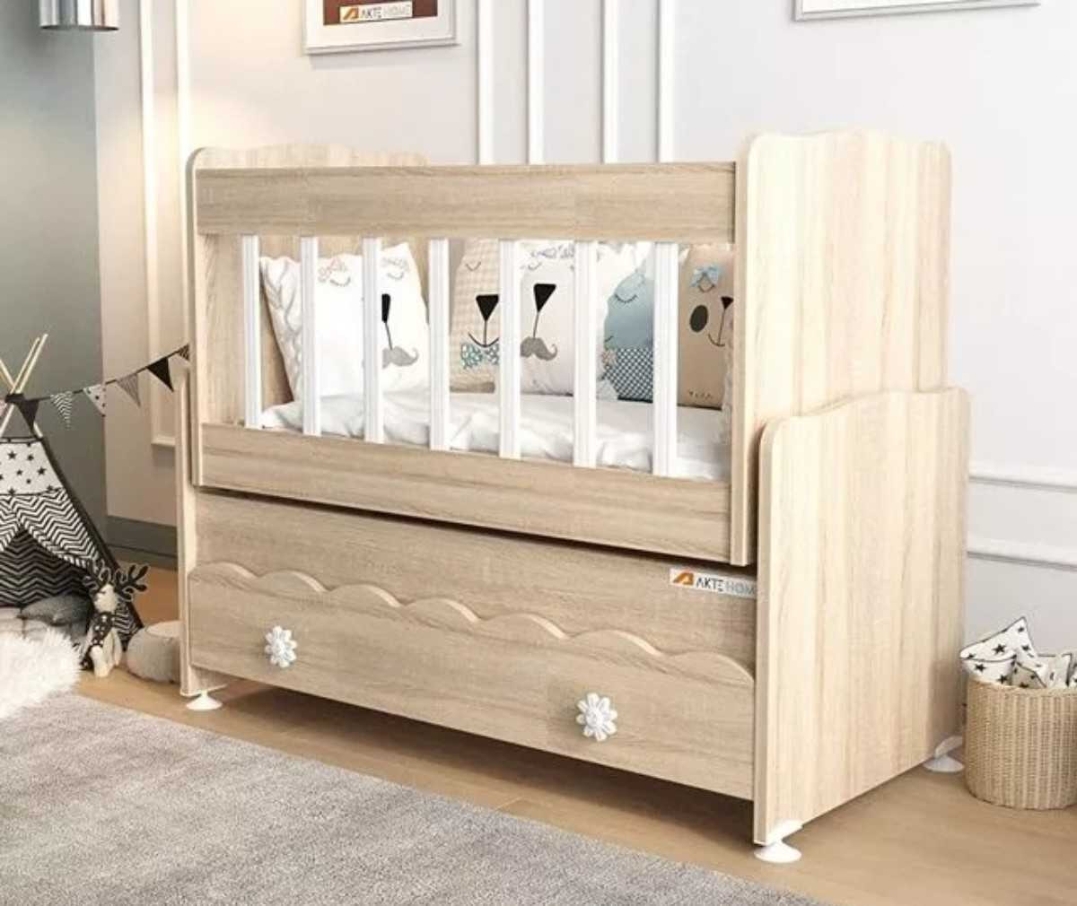 Aktehome Çekmeceli Sallanır Anne Yanı Ahşap Bebek Beşiği Sonoma,