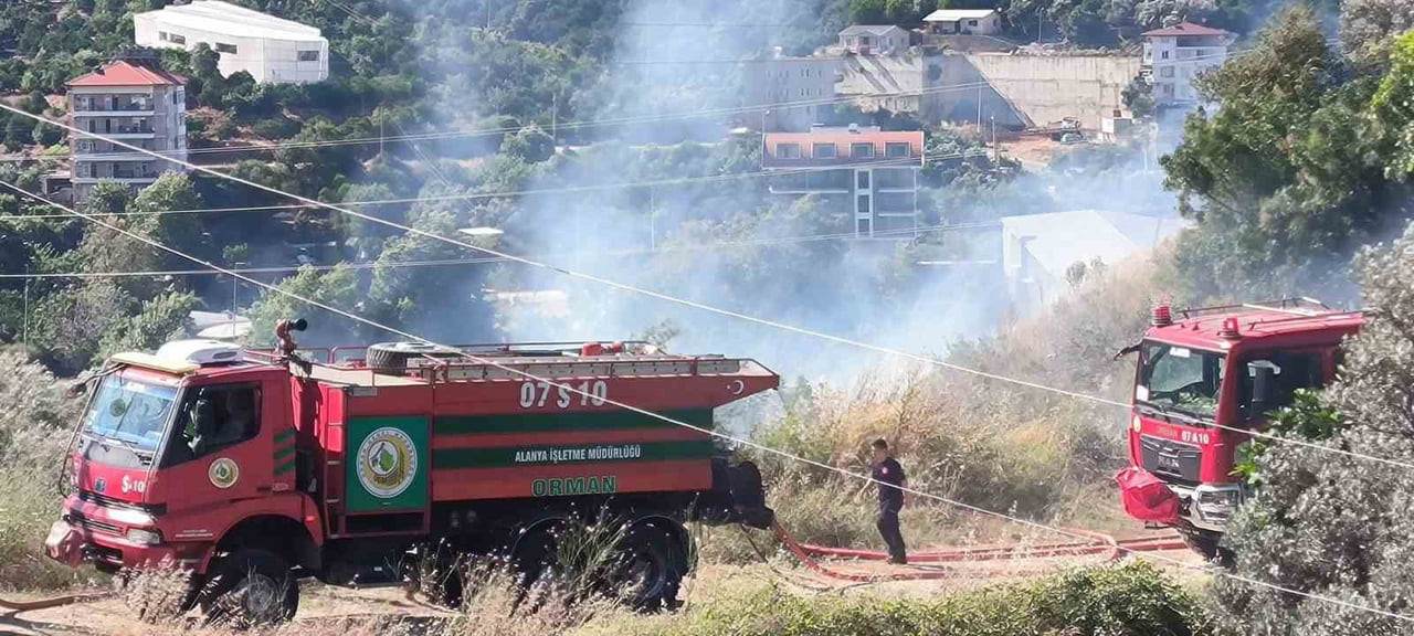 ALANYA İLÇESİNDE MUŞMULA VE ZEYTİN AĞAÇLARININ YER ALDIĞI ZİRAİ ALANDA ÇIKAN YANGIN, EKİPLERİN...