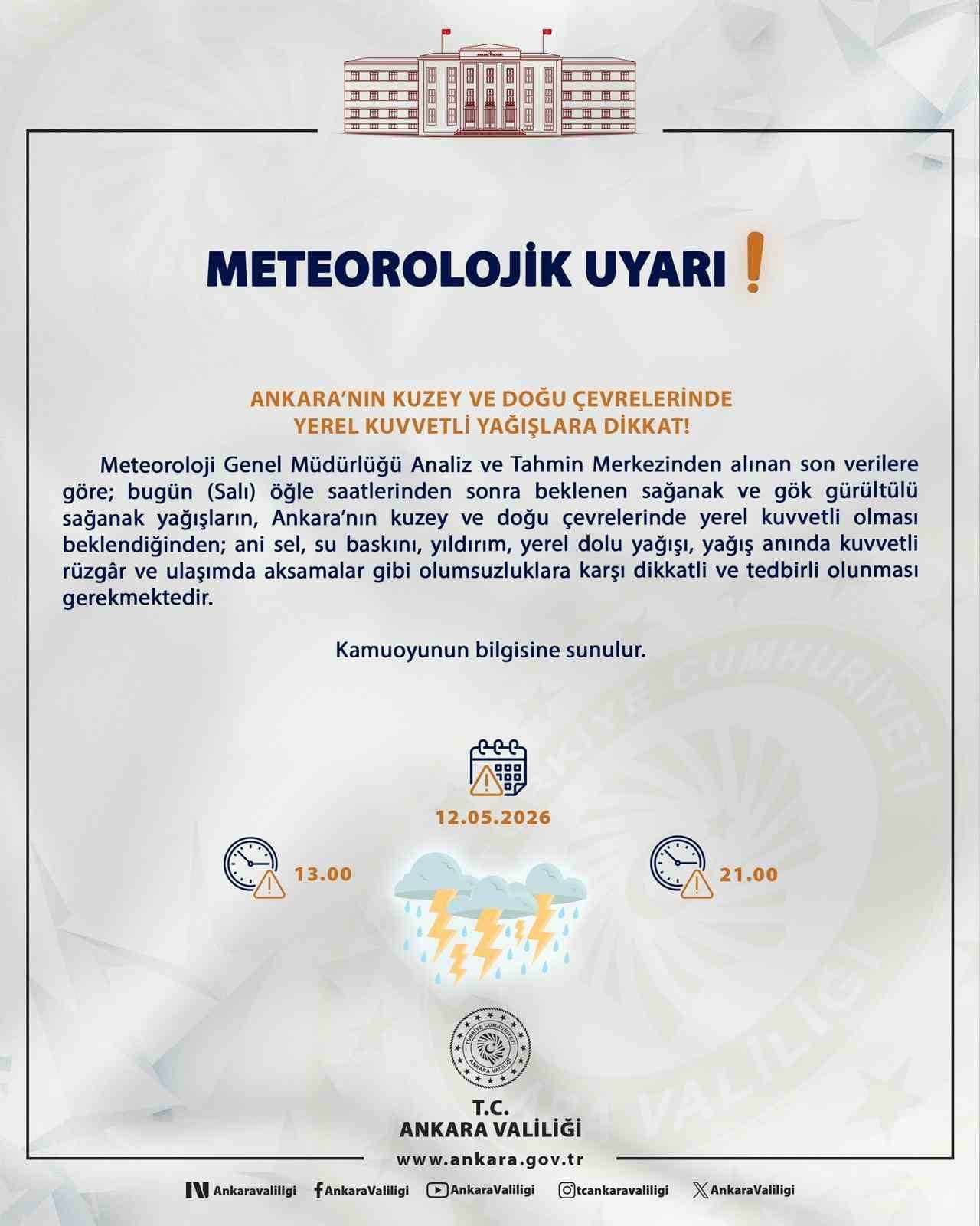 ANKARA VALİLİĞİ, METEOROLOJİ VERİLERİNE GÖRE BAŞKENTİN KUZEY VE DOĞU ÇEVRELERİNDE KUVVETLİ YAĞIŞ...