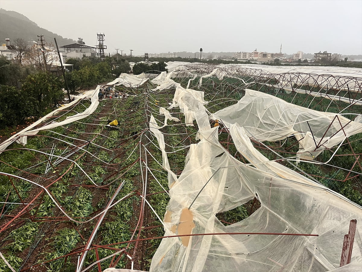 Antalya'da hortum nedeniyle bazı ev ve seraların zarar gördüğü Kumluca ilçesinde hasar tespit...