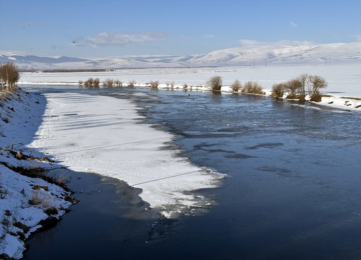Ardahan'da yüzeyi buzla kaplı Kura Nehri'nde sıcakların etkisiyle çözülmeler başladı.