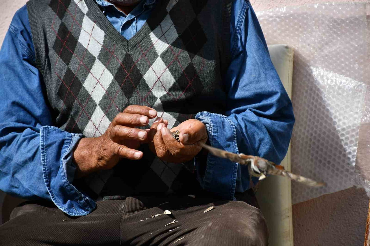 ARDAHAN’IN DAMAL İLÇESİNDE YAŞAYAN İRFAN AYDIN, KENDİ ELLERİYLE KIRDIĞI ÇEKİRDEKLERİ KUŞLARLA...