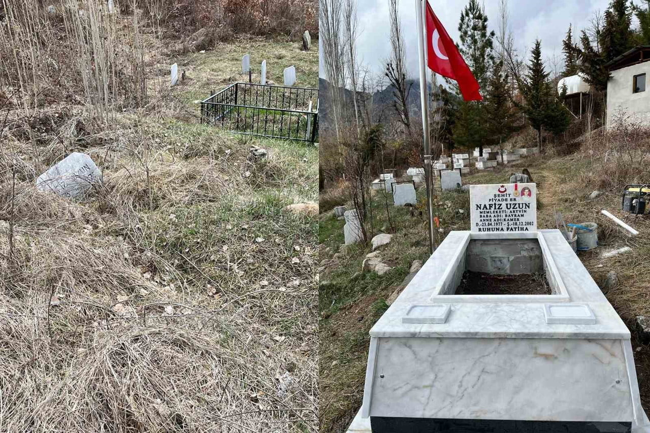 ARTVİN’DE DOĞAL ŞARTLAR NEDENİYLE ZAMANLA YIPRANAN ŞEHİT MEZARLARI, YENİLENİRKEN, MEZARLIKLARDAKİ...