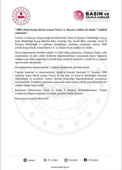 AYDIN’IN KOÇARLI İLÇESİNDE 2008 YILINDA KAYIP OLARAK ARANAN NACİYE A.'NIN İZMİR’İN KARABAĞLAR...