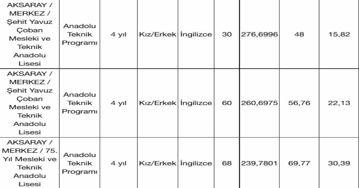 aysaray'daki liselerin 2020 taban puanları