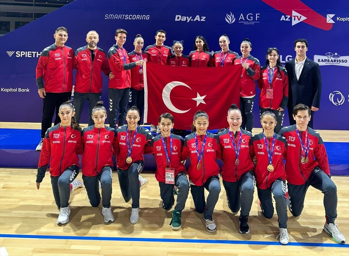 Azerbaycan'da düzenlenen Avrupa Gençler Aerobik Cimnastik Şampiyonası'nda mücadele eden milli...