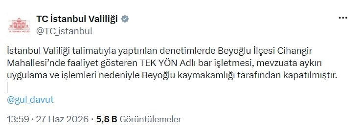 BEYOĞLU’NDA BİR BAR İŞLETMESİ KAPATILDI