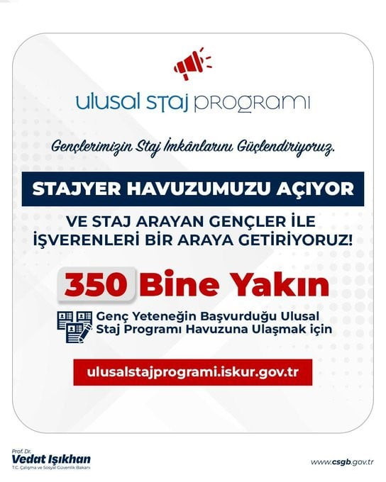 ÇALIŞMA VE SOSYAL GÜVENLİK BAKANI VEDAT IŞIKHAN, ULUSAL STAJ PROGRAMI'NA BUGÜNE KADAR YAKLAŞIK 350...