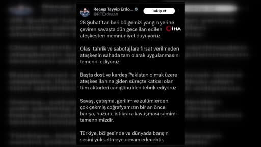 Cumhurbaşkanı Erdoğan: "(ABD-İran ateşkesi) Olası tahrik ve sabotajlara fırsat verilmeden...