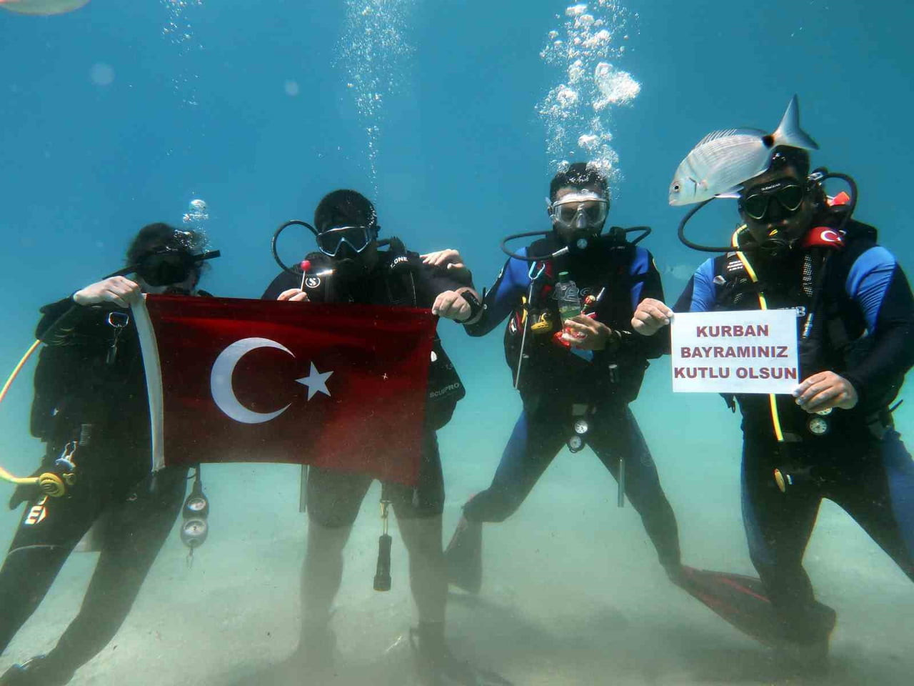 DALYAN KOYU AÇIKLARINDA SUYA DALAN BİR GRUP DALGIÇ, 5 METRE DERİNLİKTE BAYRAMI KUTLADI