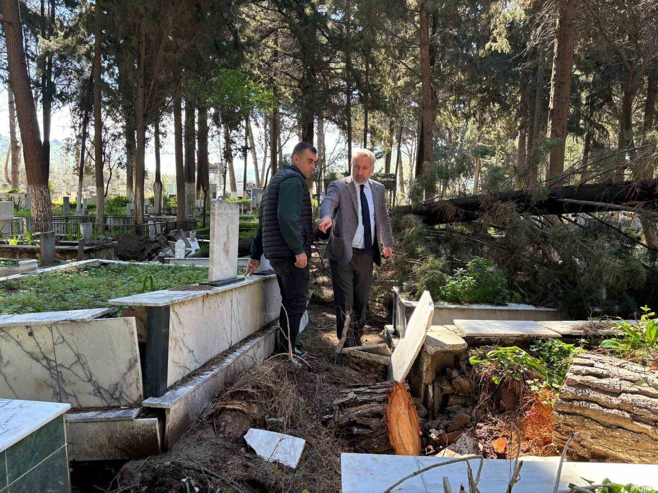 . DEVRİLEN AĞAÇLAR KALDIRILIRKEN ZARAR GÖREN MEZARLAR ONARILMAYA BAŞLANDI; YALNIZCA RİSK OLUŞTURAN...
