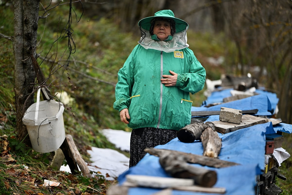 Düzce'nin Yığılca ilçesinde arıcılık yapan babasından 45 yıl önce mesleği öğrenen Hacer Uğurlu...