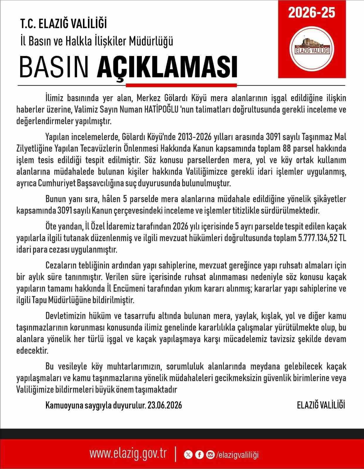 ELAZIĞ VALİLİĞİ, MERKEZ GÖLARDI KÖYÜ'NDEKİ MERA ALANLARININ İŞGALİ VE KAÇAK YAPILAŞMAYA YÖNELİK...