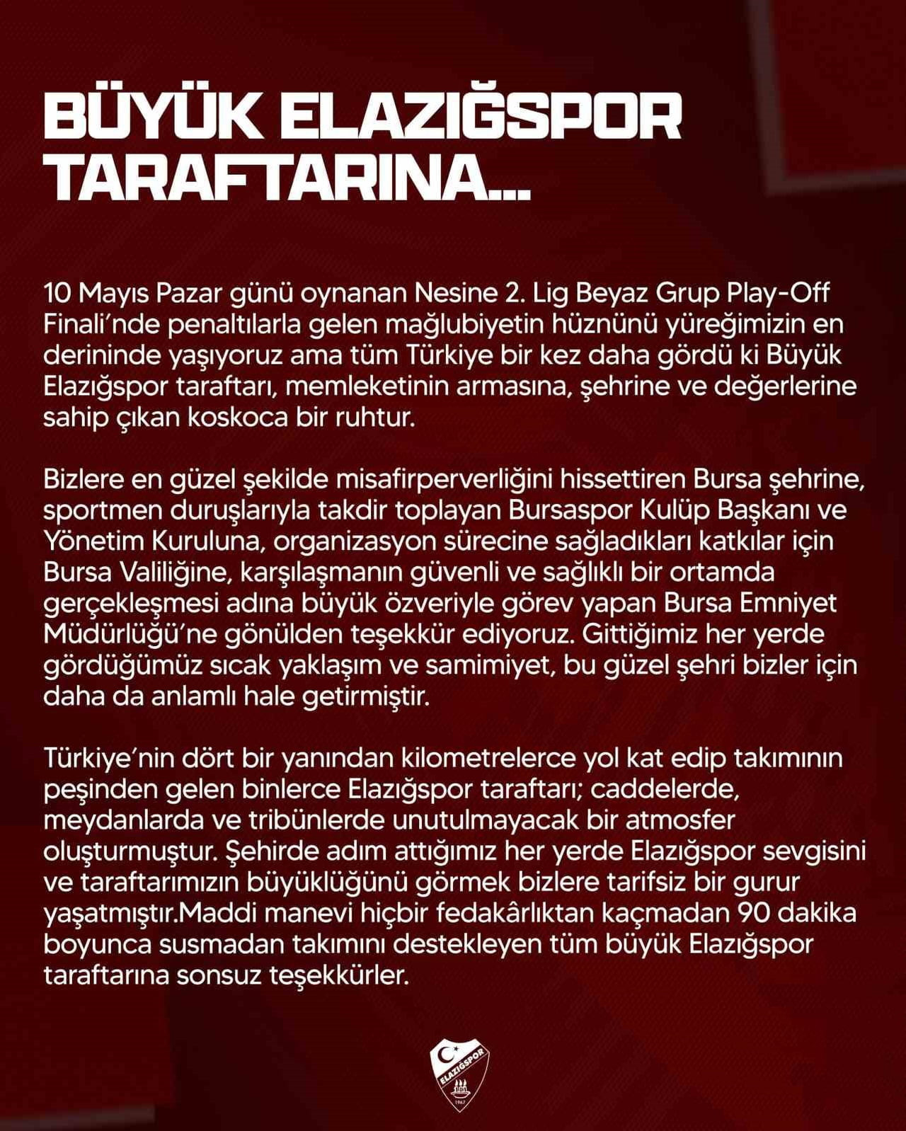 ELAZIĞSPOR'DAN GÜNLER SONRA AÇIKLAMA