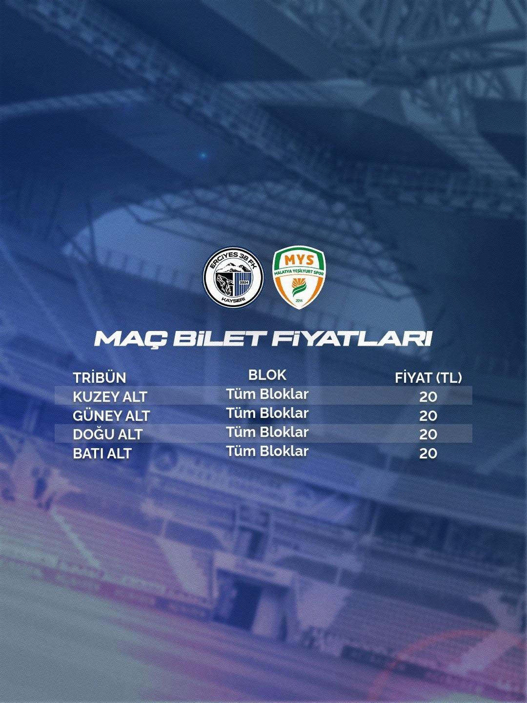 ERCİYES 38 FUTBOL SPOR KULÜBÜ İLE MALATYA YEŞİLYURTSPOR ARASINDA OYNAYACAK OLAN MAÇIN BİLETLERİ 20...