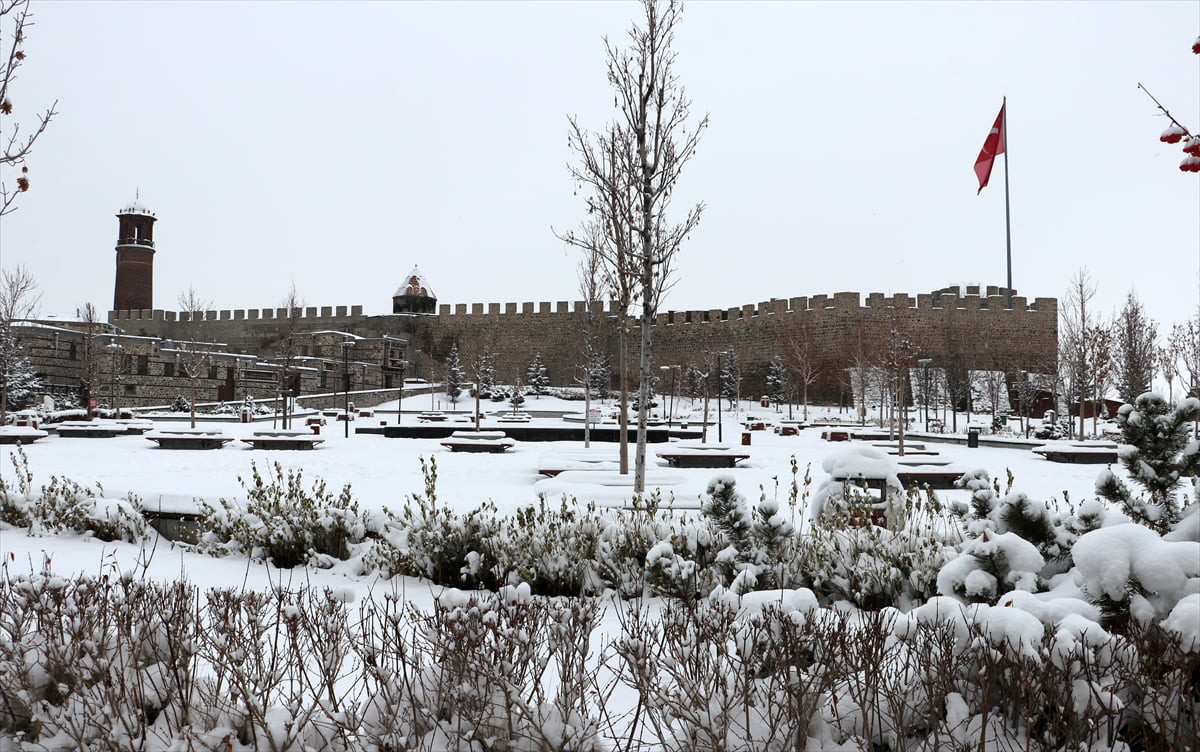 Erzurum'da kar yağışı aralıklarla devam etti. Yağışla birlikte ağaç ve bitkilerin üzeri karla...