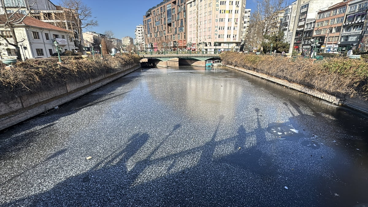Eskişehir'de soğuk hava nedeniyle yüzeyi buzla kaplanan Porsuk Çayı'nda güvercinler yiyecek aradı....