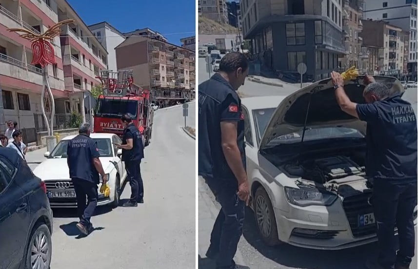 HAKKARİ’DE BİR ARACIN KAPORTA BÖLÜMÜNE GİREREK SIKIŞAN YAVRU KEDİ, İTFAİYE EKİPLERİNİN...