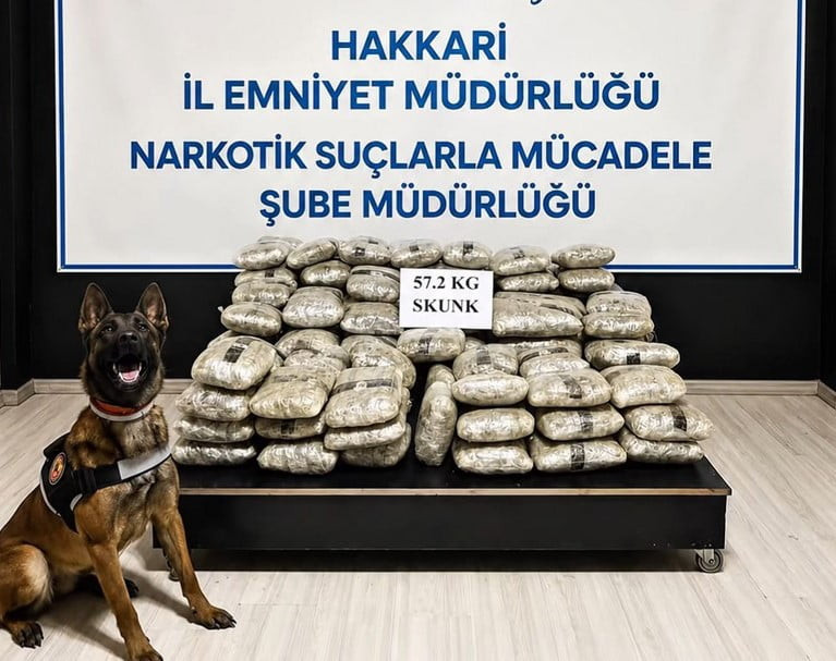 HAKKARİ’NİN YÜKSEKOVA İLÇESİNDE POLİS EKİPLERİNCE DURDURULAN ARAÇTA 57 KİLO 200 GRAM SKUNK ELE...