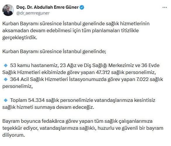 İSTANBUL İL SAĞLIK MÜDÜRÜ DOÇ. DR. ABDULLAH EMRE GÜNER, KURBAN BAYRAMI SÜRESİNCE MEGAKENTTE TOPLAM...