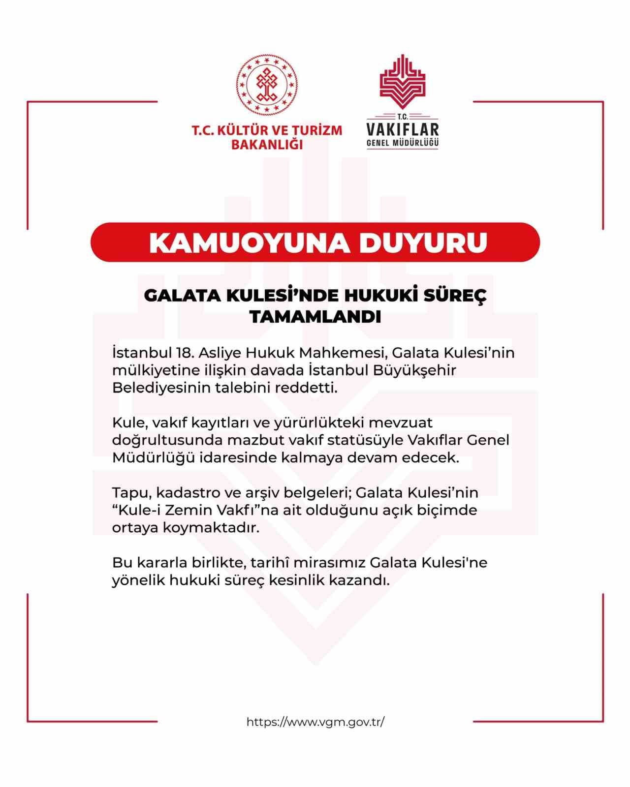 İSTANBUL’DA TARİHİ GALATA KULESİ’NİN MÜLKİYETİNE İLİŞKİN DAVADA KARAR ÇIKTI. İSTANBUL BÜYÜKŞEHİR...