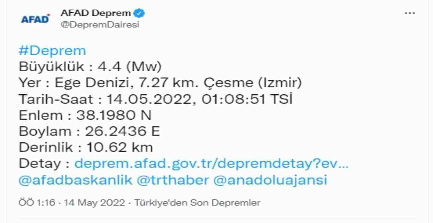 İzmir Çeşme açıklarındaki 4.4 şiddetindeki deprem