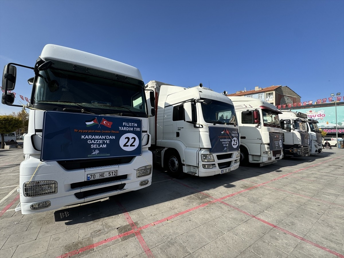 Karaman'dan, Gazze'ye ulaştırılacak gıda malzemelerini taşıyan 6 tır yola çıktı.