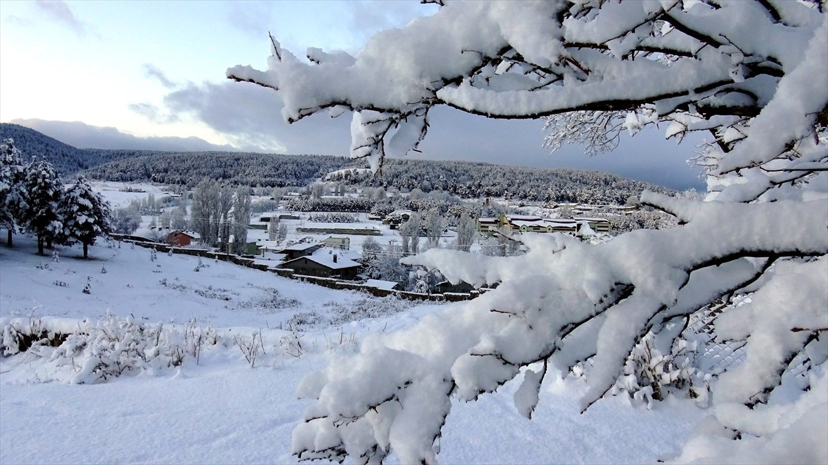 Kars'ın Sarıkamış ilçesinde etkili olan kar yağışı nedeniyle ilçe beyaza büründü.