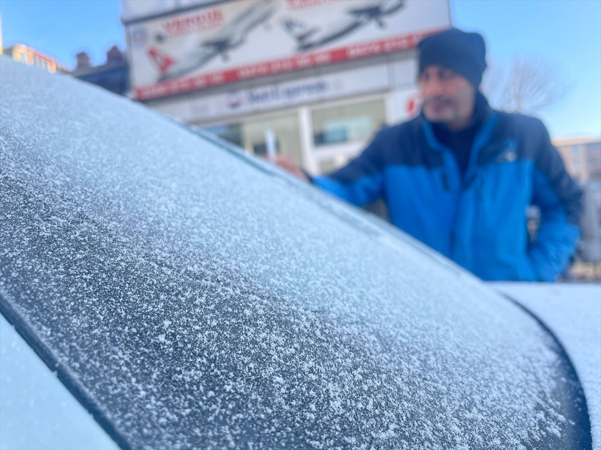 Kars'ta etkisini sürdüren soğuk hava nedeniyle baraj gölünün yüzeyinde buzlanma, bitki ve...