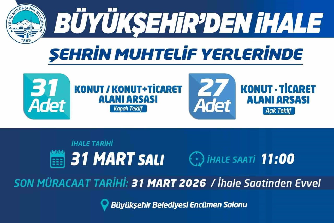 KAYSERİ BÜYÜKŞEHİR BELEDİYESİ; ŞEHRİN MUHTELİF YERLERİNDEKİ 31 ADET ARSAYI 'KAPALI TEKLİF' USULÜ...