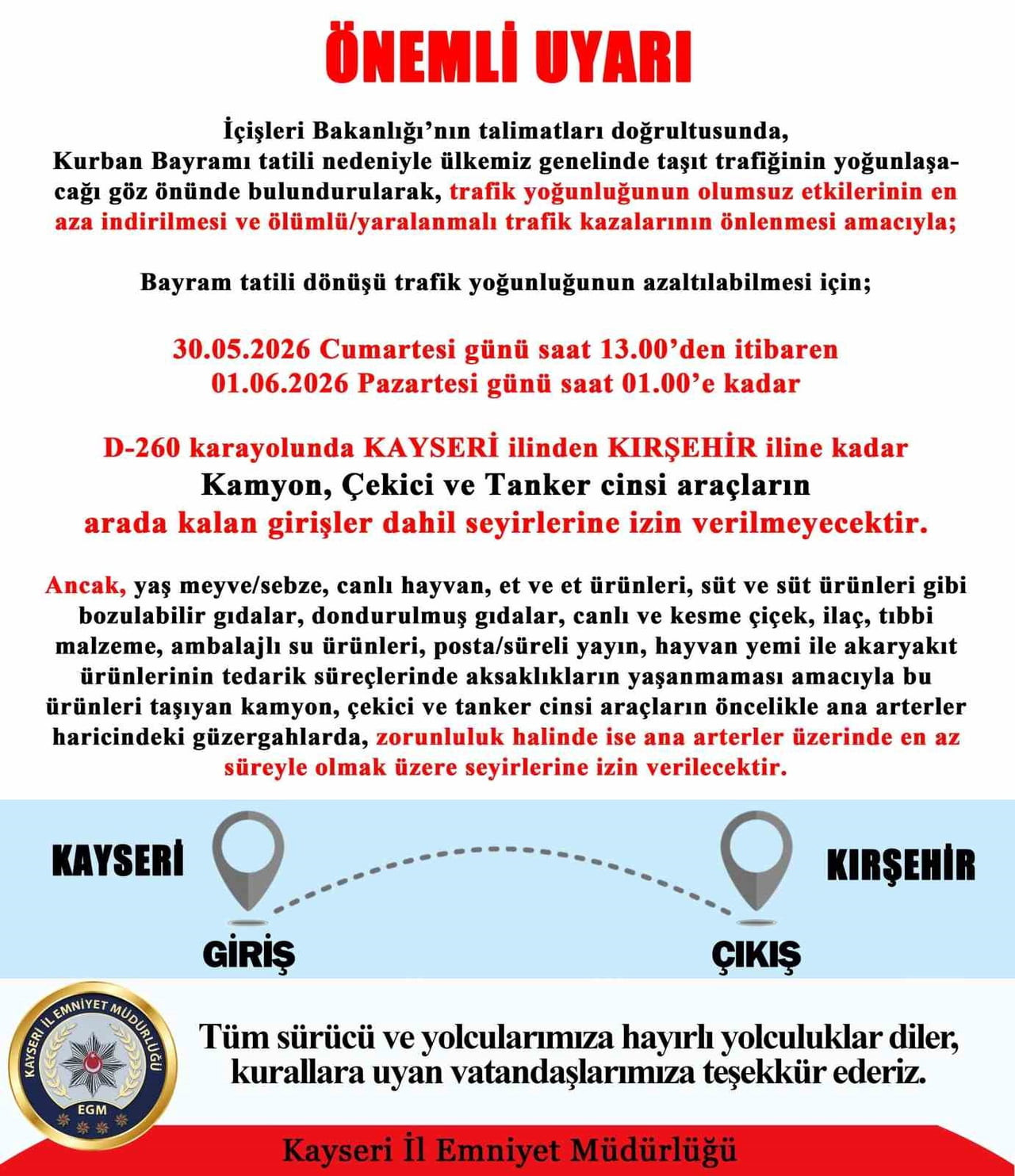 KAYSERİ İL EMNİYET MÜDÜRLÜĞÜ TARAFINDAN YAPILAN AÇIKLAMADA, BAYRAM TATİLİ DÖNÜŞÜ TRAFİK...