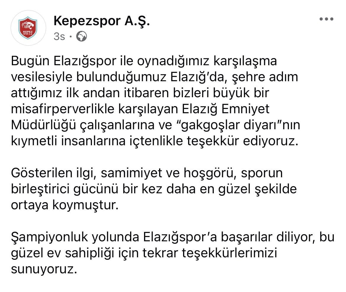 KEPEZSPOR’DAN ELAZIĞ’A TEŞEKKÜR MESAJI