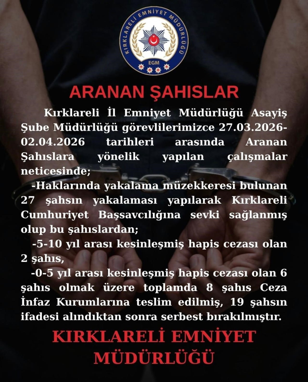 KIRKLARELİ’NDE ARANAN ŞAHISLARA OPERASYON: 8 KİŞİ TUTUKLANDI