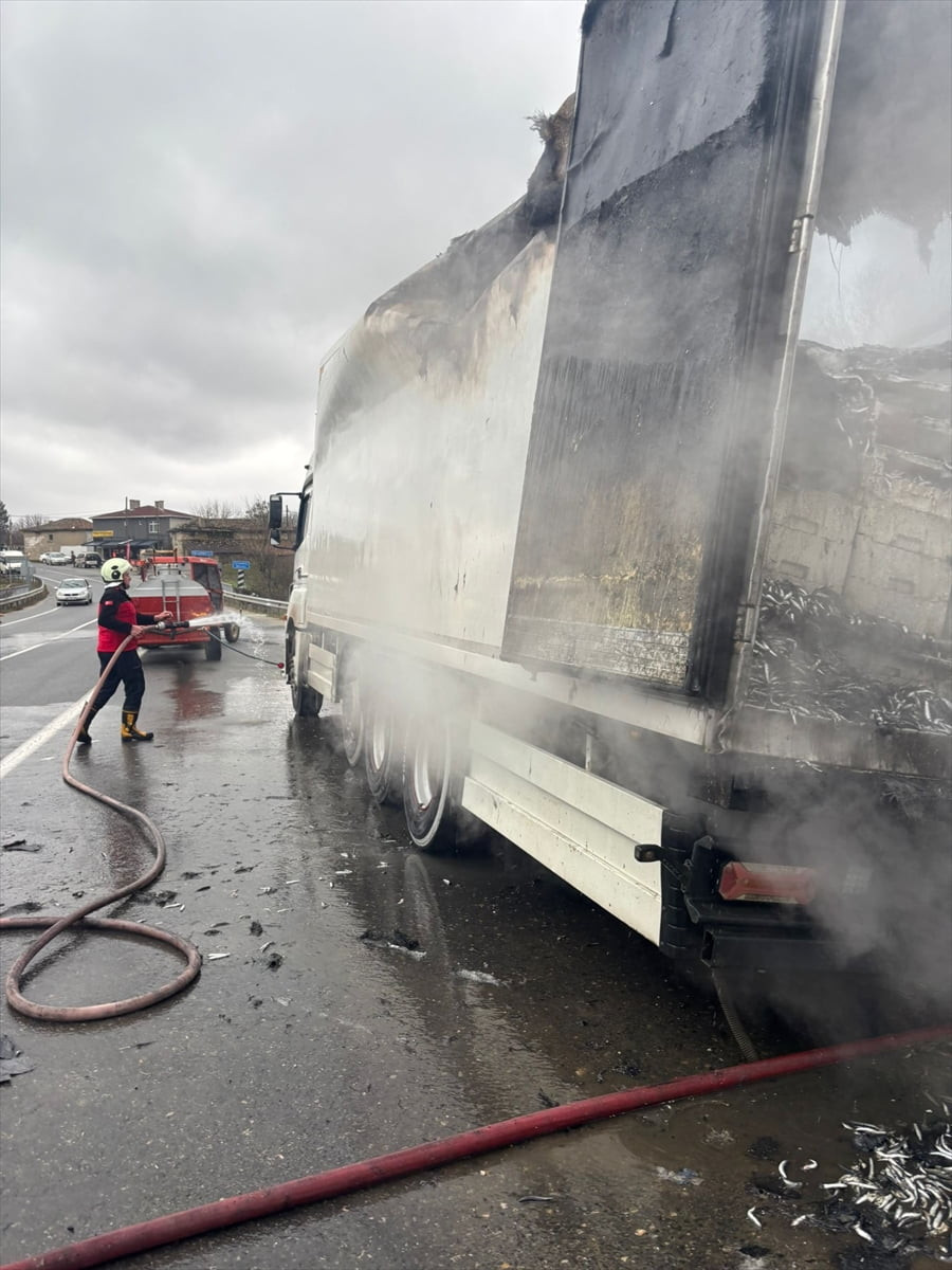Kırklareli’nin Pınarhisar ilçesinde seyir halindeyken alev alan hamsi yüklü tırda maddi hasar...