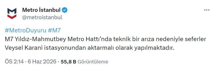 M7 YILDIZ-MAHMUTBEY METRO HATTI’NDA YAŞANAN TEKNİK ARIZA NEDENİYLE BAZI YOLCULAR METRODAN İNEREK...