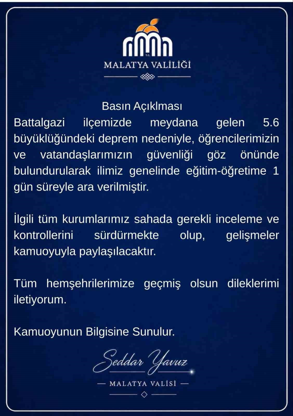 MALATYA VALİSİ SEDDAR YAVUZ, MALATYA’NIN BATTALGAZİ İLÇESİNDE MEYDANA GELEN 5.6 BÜYÜKLÜĞÜNDEKİ...