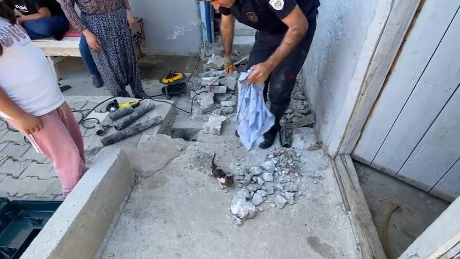 MALATYA'NIN YEŞİLYURT İLÇESİNDE BAHÇEDEKİ PLASTİK BORUYA SIKIŞAN YAVRU KEDİ, İTFAİYE EKİPLERİNİN...