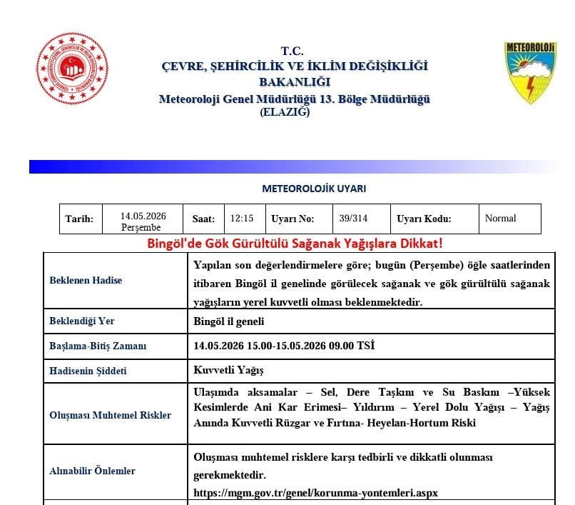 METEOROLOJİ 13. BÖLGE MÜDÜRLÜĞÜ, BİNGÖL İÇİN GÖK GÜRÜLTÜLÜ SAĞANAK YAĞIŞ UYARISINDA...