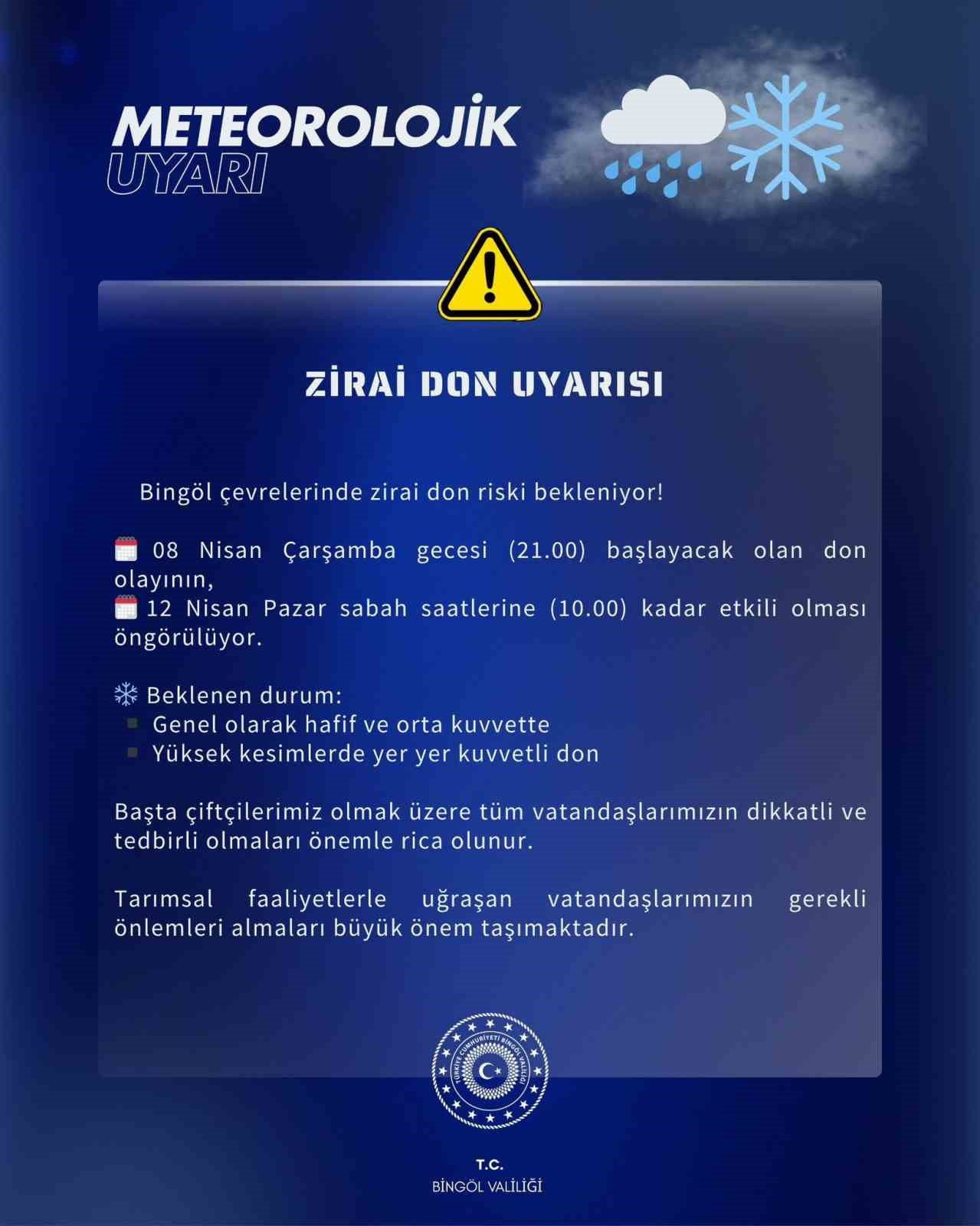 METEOROLOJİ’DEN BİNGÖL İÇİN ZİRAİ DON UYARISI