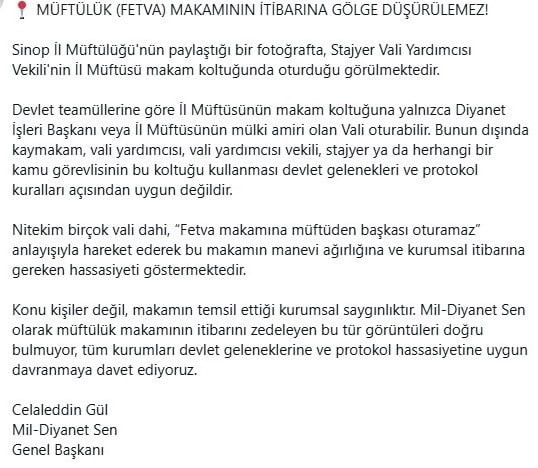 MİL-DİYANET SEN GENEL BAŞKANI CELALEDDİN GÜL, SİNOP İL MÜFTÜLÜĞÜ TARAFINDAN PAYLAŞILAN BİR...