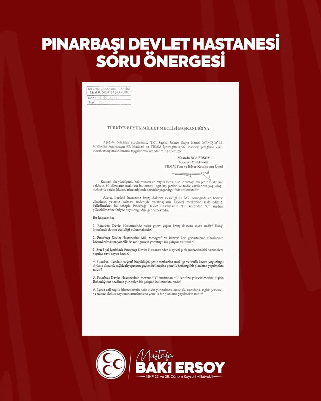 MİLLİYETÇİ HAREKET PARTİSİ (MHP) KAYSERİ MİLLETVEKİLİ BAKİ ERSOY, KAYSERİ’NİN YÜZÖLÇÜMÜ BAKIMINDAN...