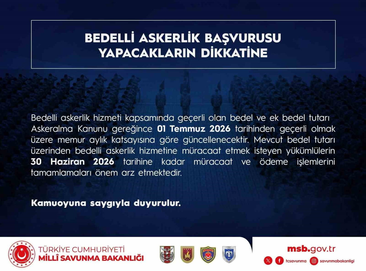 MSB, RESMİ SOSYAL MEDYA HESABINDAN BEDELLİ ASKERLİK BAŞVURUSU YAPACAK YÜKÜMLÜLERE HATIRLATMADA...