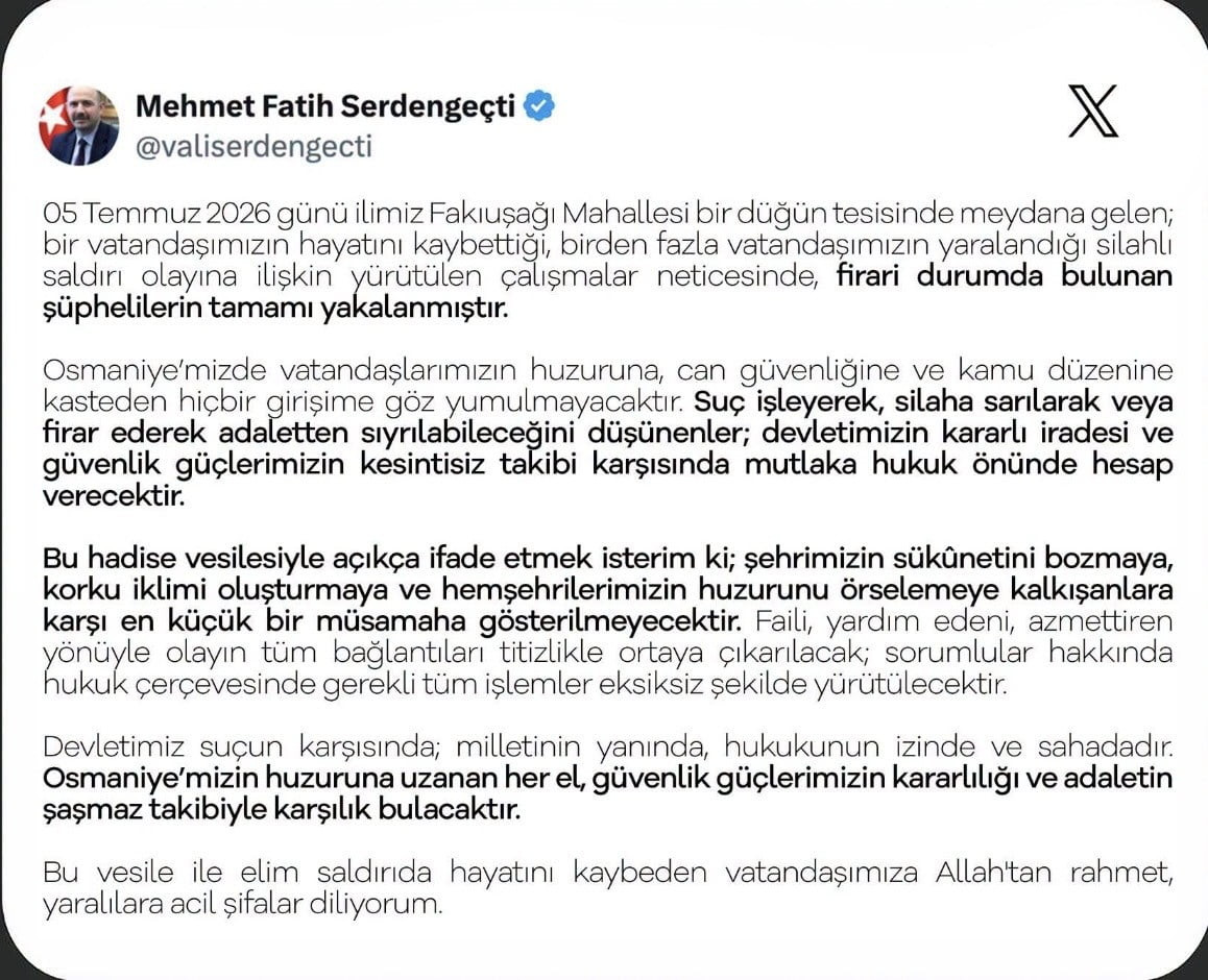 OSMANİYE'DE DÜĞÜN SALONUNDAKİ CİNAYETTE FİRARİ ŞÜPHELİLER DE YAKALANDI